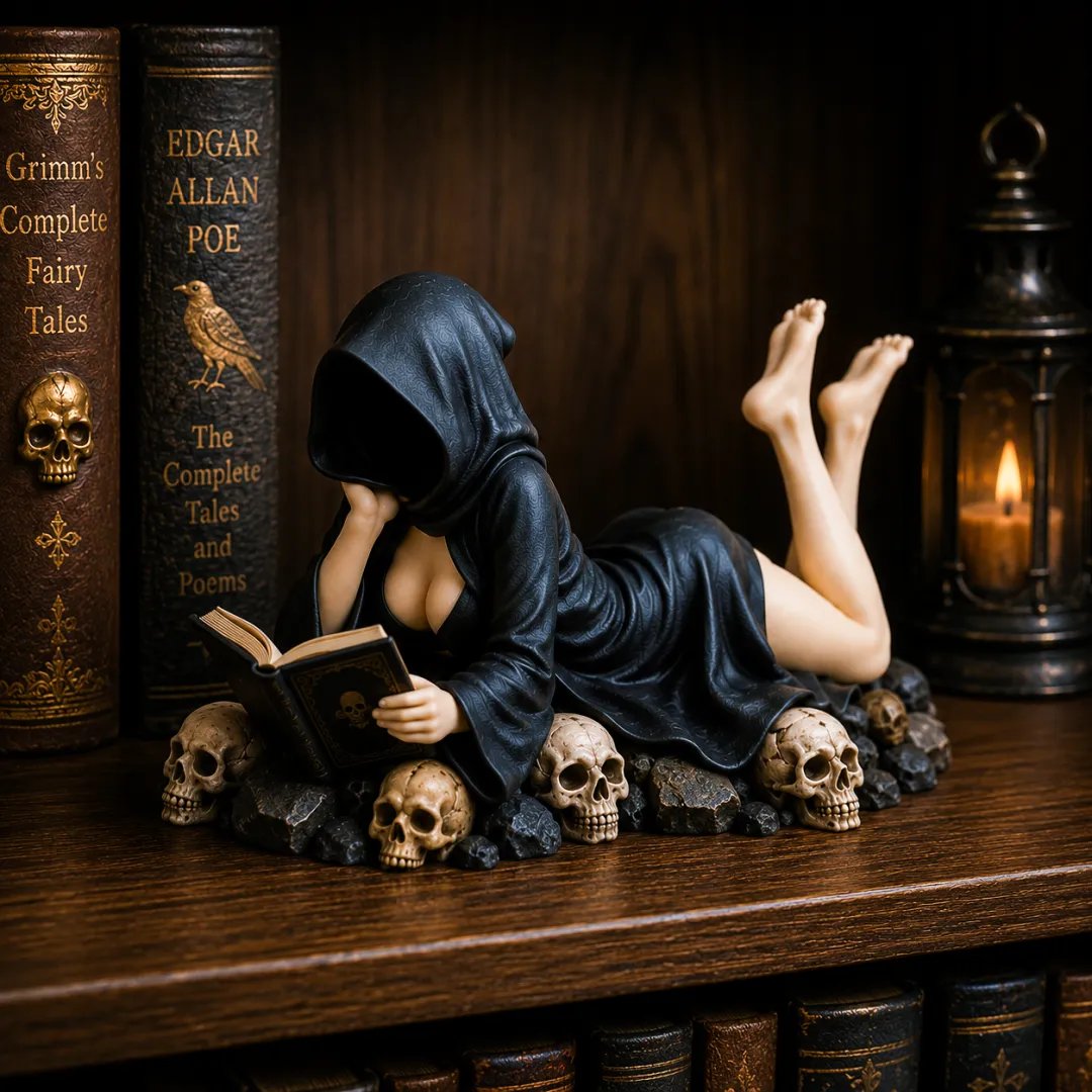🔥LAST DAY 50% OFF - 🖤Gothic Hooded Reader Figurine – Dark Academia Bookshelf Decor📖