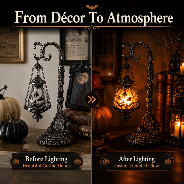 🎃 Gothic Pumpkin Lantern Stand | Warm Orange LED Glow, Victorian Skull Details & Haunted Shelf Decor 🕯️