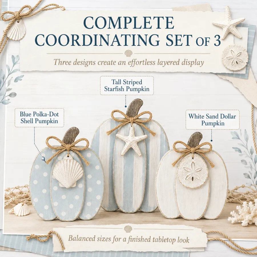 Coastal Wooden Pumpkin Tabletop Décor, Set of 3