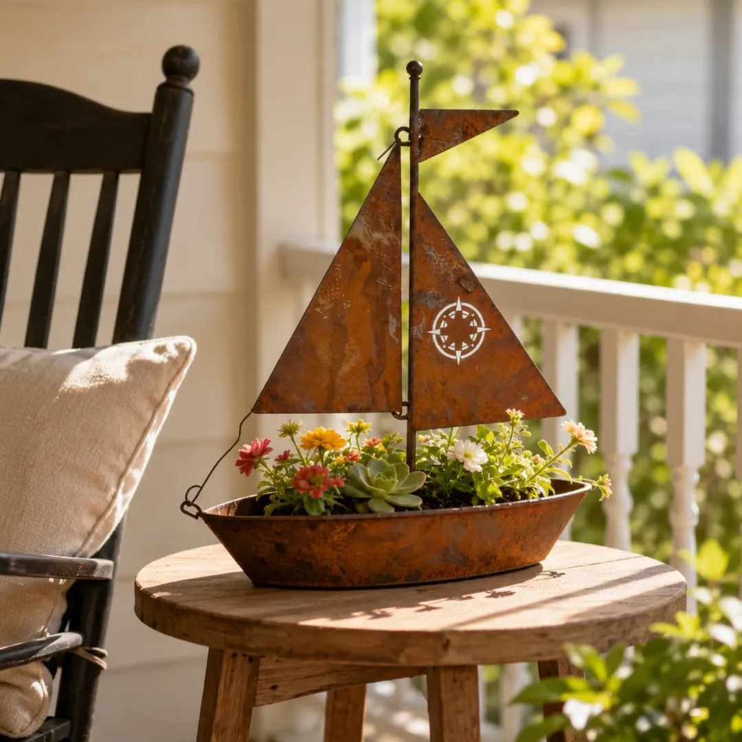 Rustic Sailboat Metal Planter
