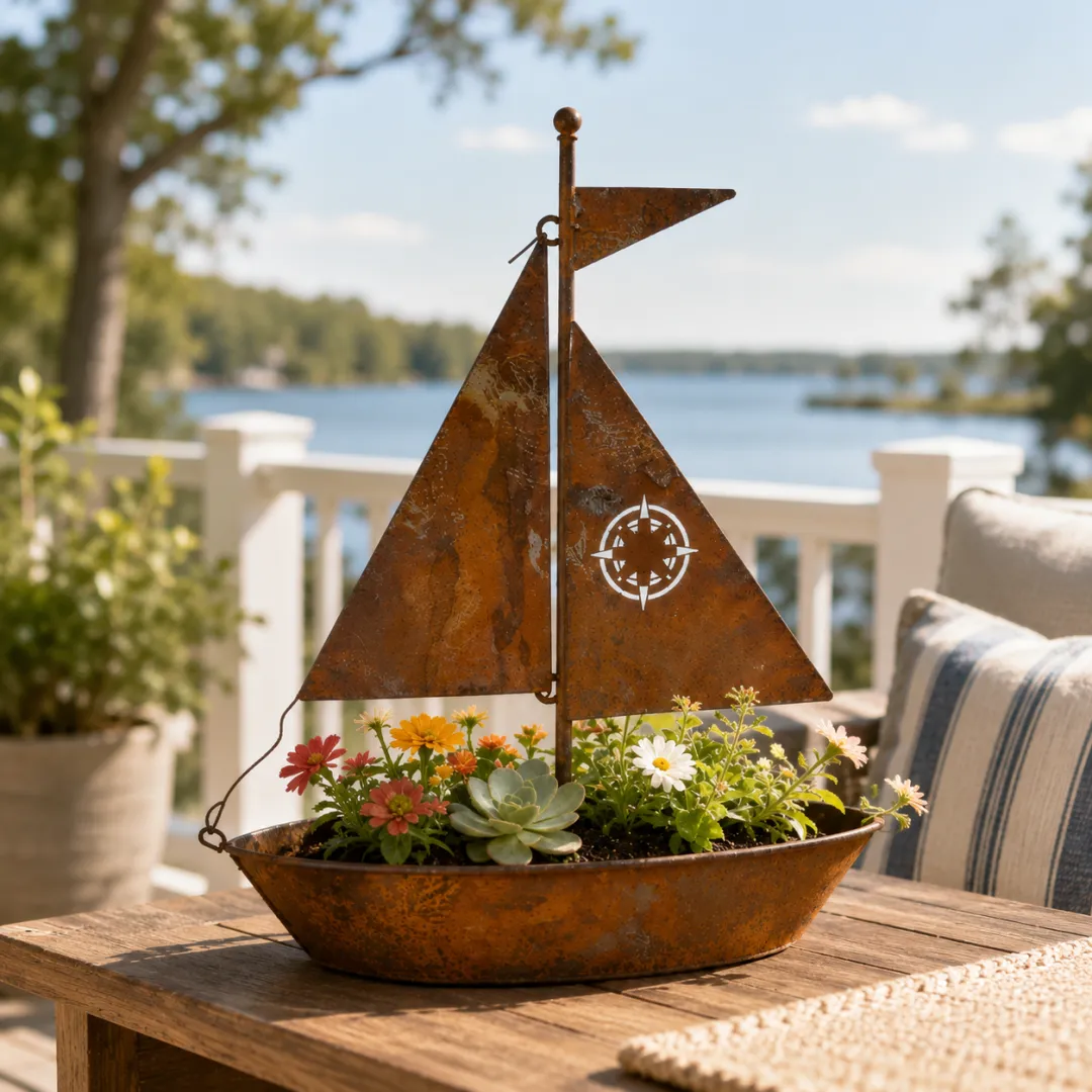 Rustic Sailboat Metal Planter