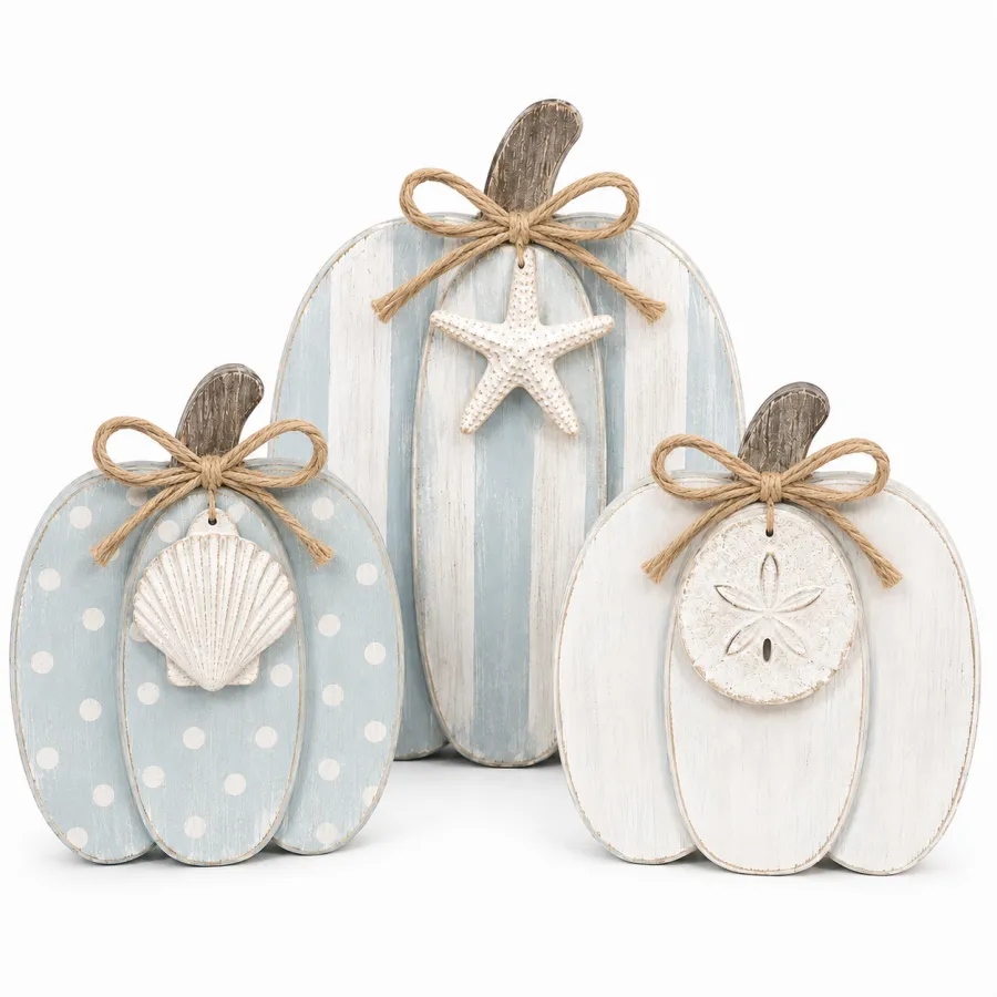 Coastal Wooden Pumpkin Tabletop Décor, Set of 3