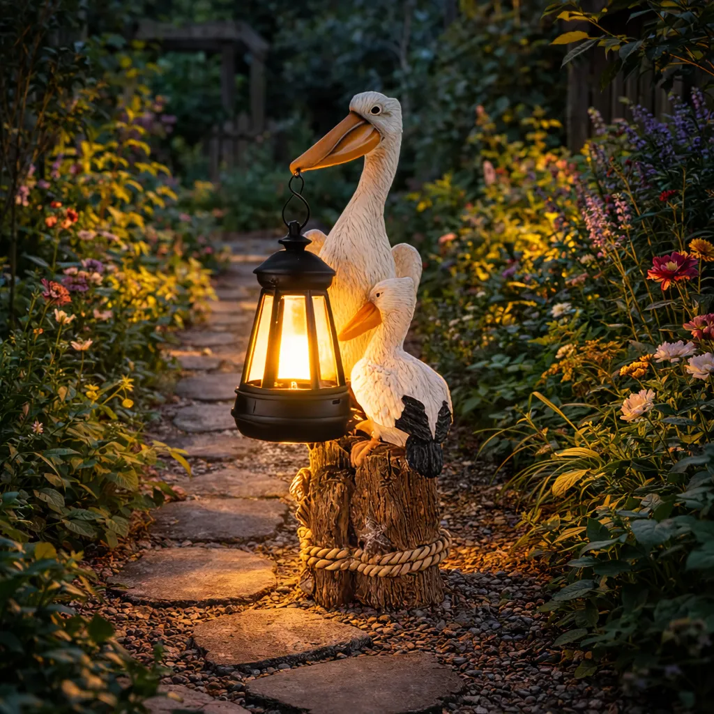 Whimsical Solar Pelican Mother & Baby Garden Lantern StatueThe sweet detail of the baby pelican leaning closely against the larger pelican gives this piece an especially warm, loving feel. From the textured feather detailing to the hanging lantern, wood-l