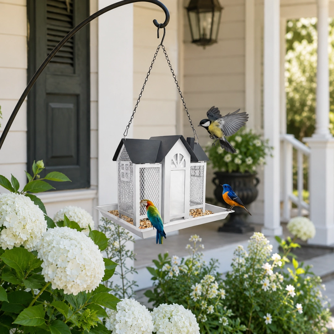 Hanging Metal Bird Feeder – House-Shaped Outdoor Seed Dispenser for Garden, Yard, or Balcony