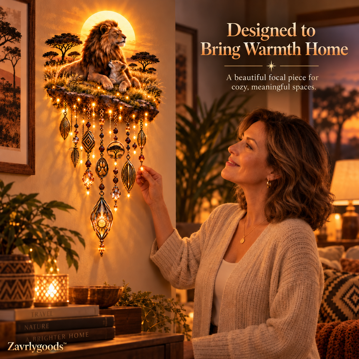 Woman admiring Majestic Savannah Family Glow wall decoration in a cozy living room