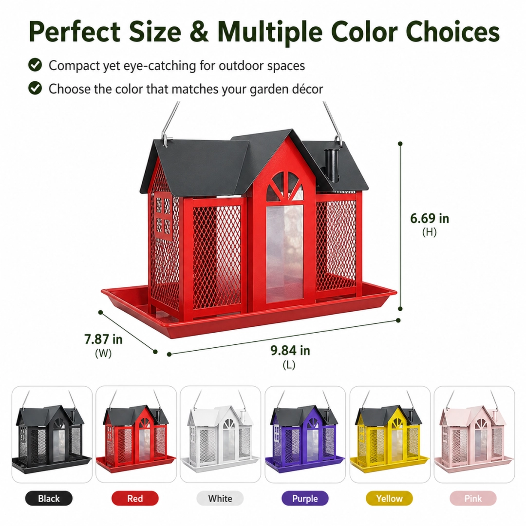 Hanging Metal Bird Feeder – House-Shaped Outdoor Seed Dispenser for Garden, Yard, or Balcony