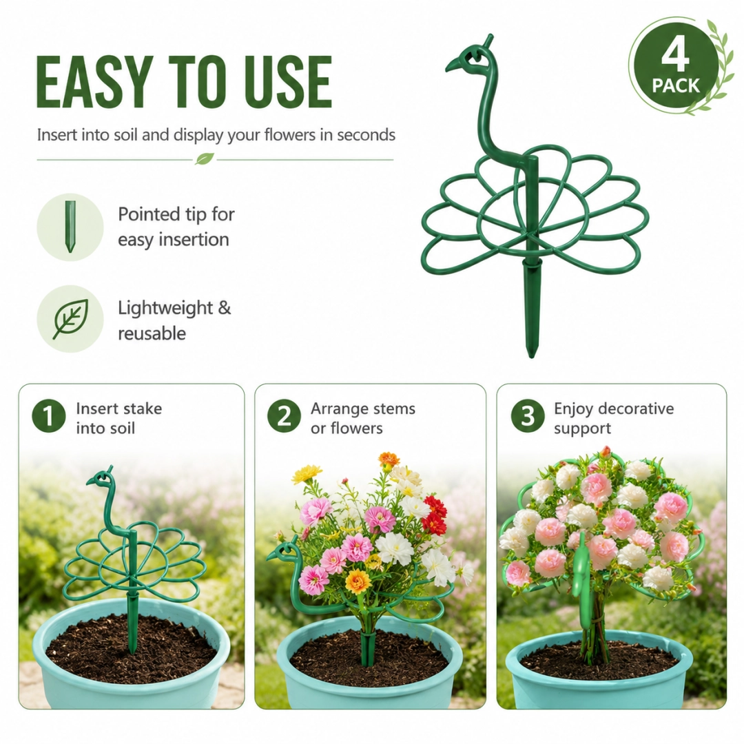 4 Pack Peacock Plant Support Stakes, Green Decorative Garden Plant Holders for Potted Flowers