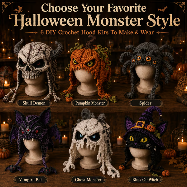 🔥 LAST DAY 49% OFF – 🎃 Halloween Monster Hood DIY Crochet Kit | Premium Soft Yarn Materials with Step-by-Step Guide DIY Handmade Wearable Character Hood 🧶🎭✨