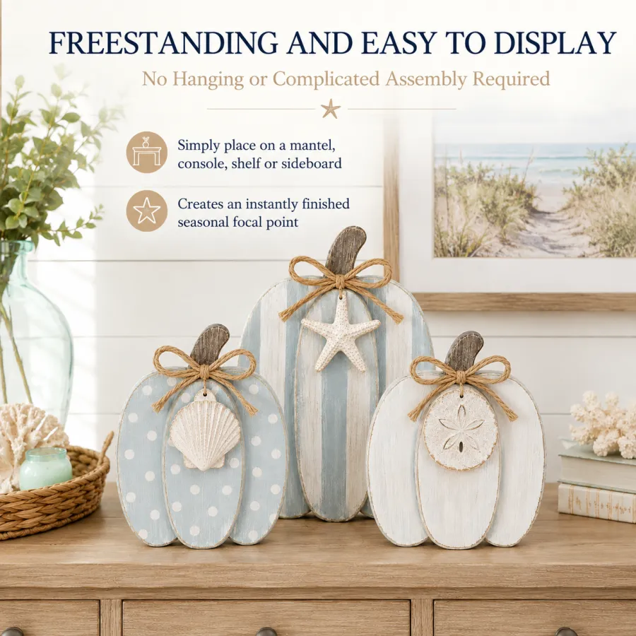 Coastal Wooden Pumpkin Tabletop Décor, Set of 3