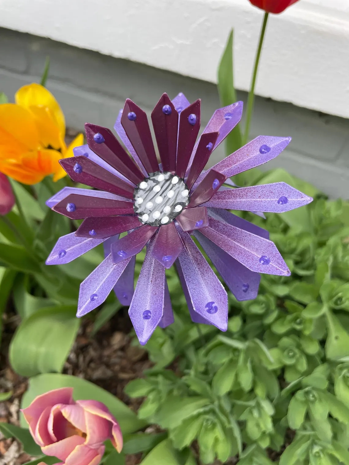 Handcrafted Metal Zinnia Flower Garden Stake