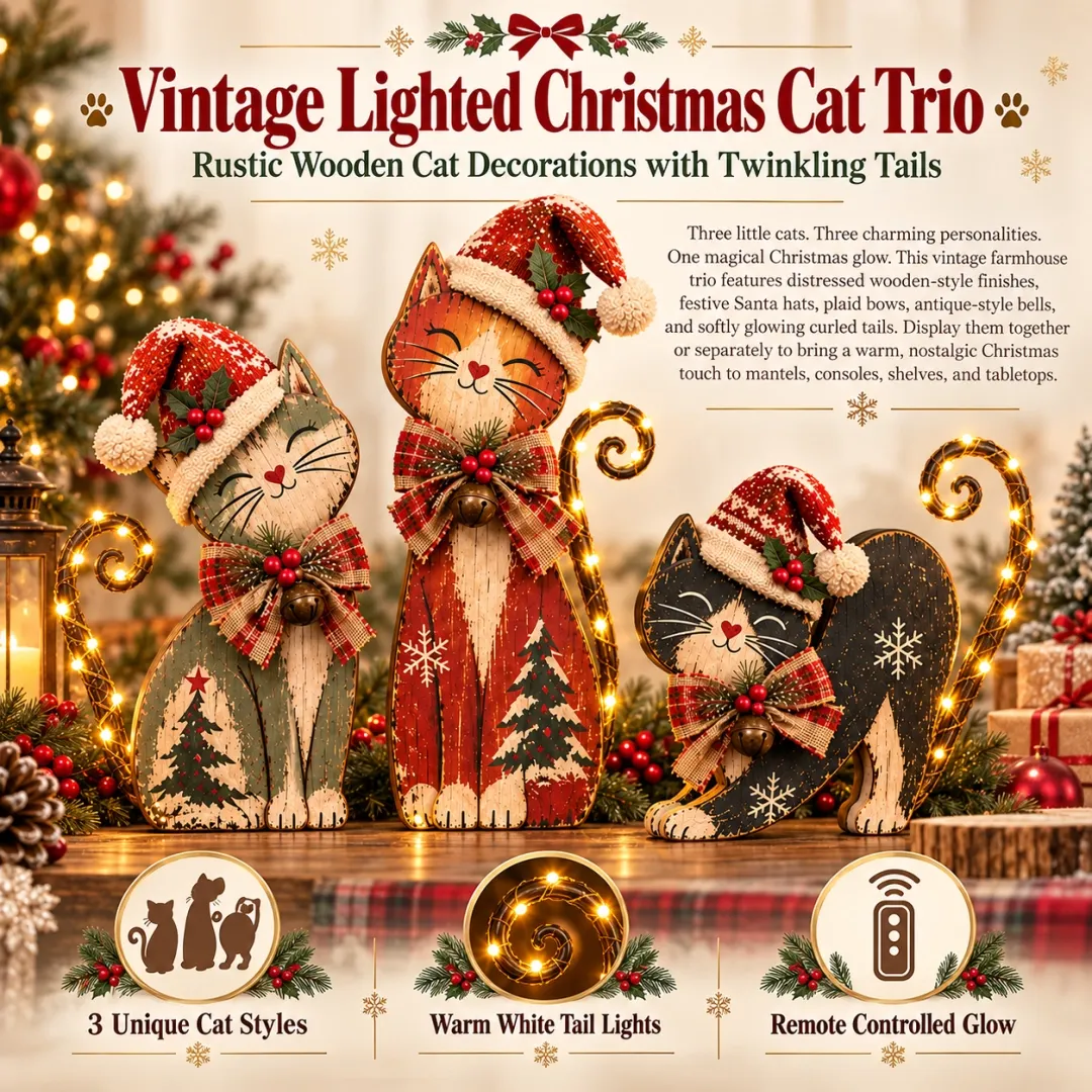 Lighted Christmas cat trio product detail
