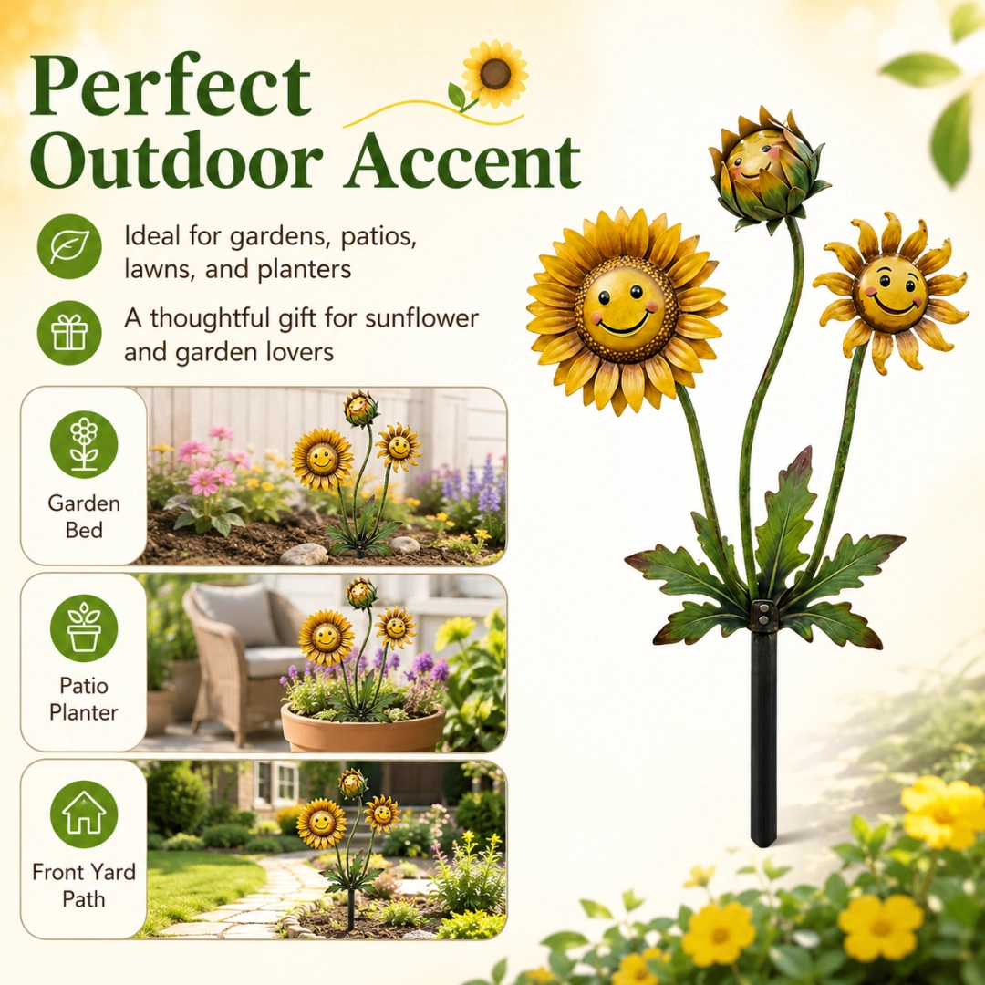 2D Smiling Sunflower Garden Stake Decor, Metal Flower Yard Art with Cute Face