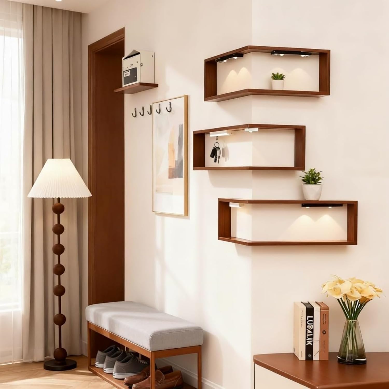  L-Shaped Corner Floating Wall Shelves with LED Lights