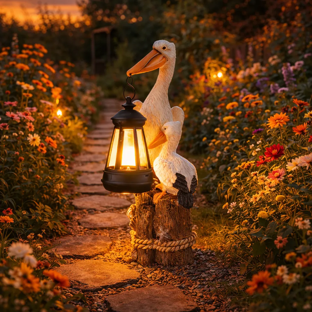 Whimsical Solar Pelican Mother & Baby Garden Lantern StatueThe sweet detail of the baby pelican leaning closely against the larger pelican gives this piece an especially warm, loving feel. From the textured feather detailing to the hanging lantern, wood-l