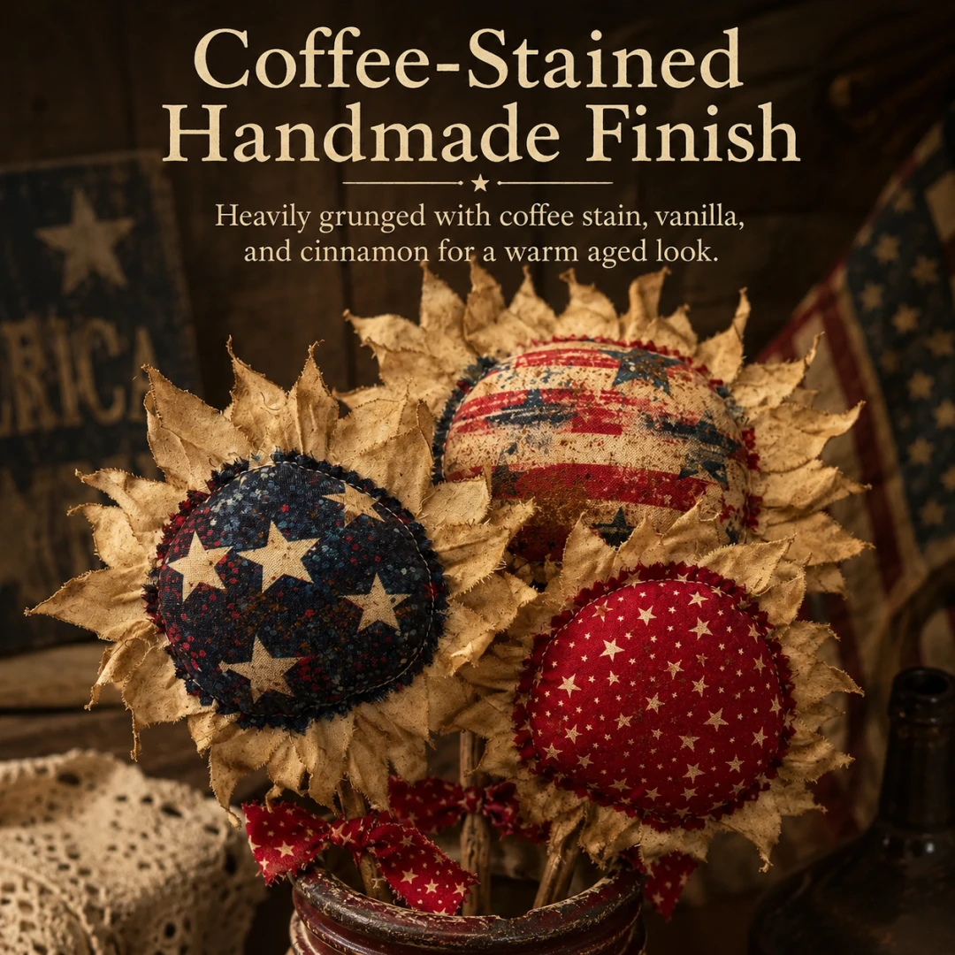 Primitive Americana Flower Picks Set of 3 – Rustic Patriotic Fabric Sunflower Decor