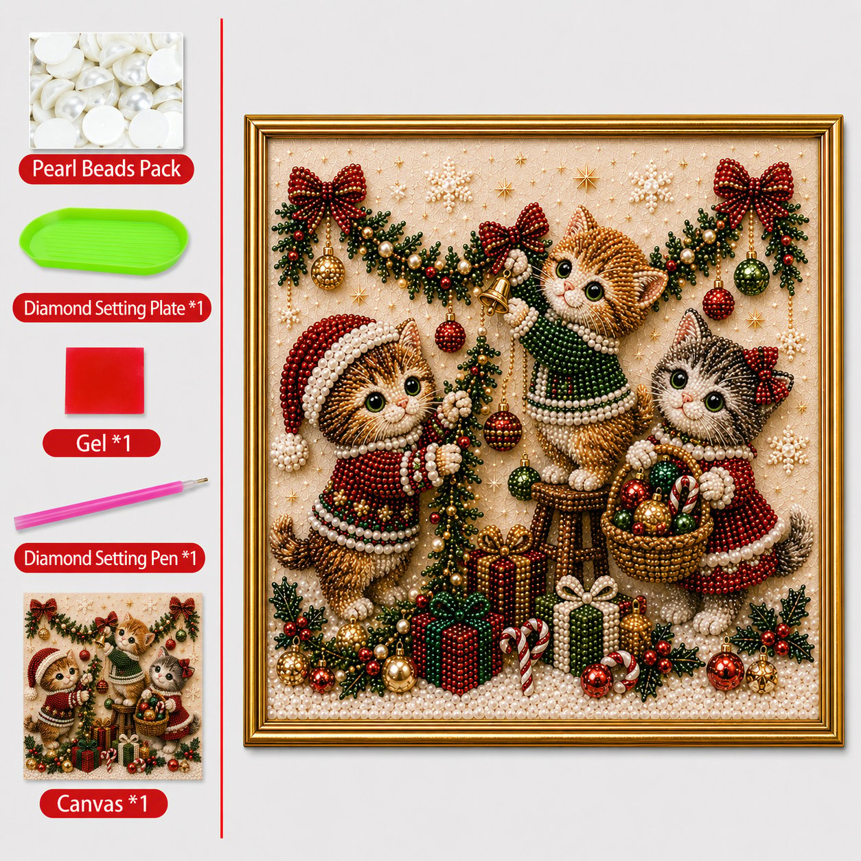 🎄🐾 Premium 3D Pearl Christmas Kitty Art Kit | Luxury Flocked Canvas with Scratch-Resistant Non-Fading Pearl Beads DIY Holiday Decor 🎅🐱❄️