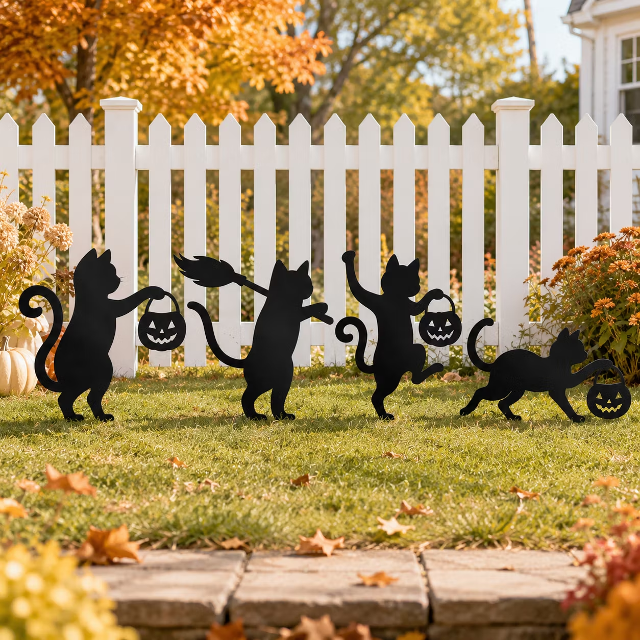 Playful Metal Black Cat Garden Stakes, Set of 4