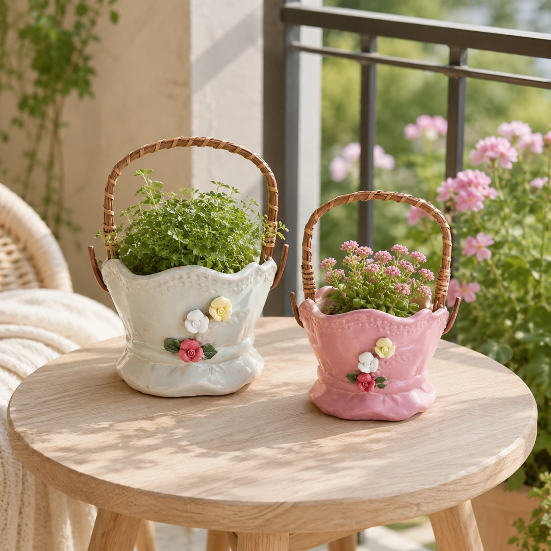 Ceramic Flower Basket Planter – Decorative Handcrafted Indoor & Outdoor Pots