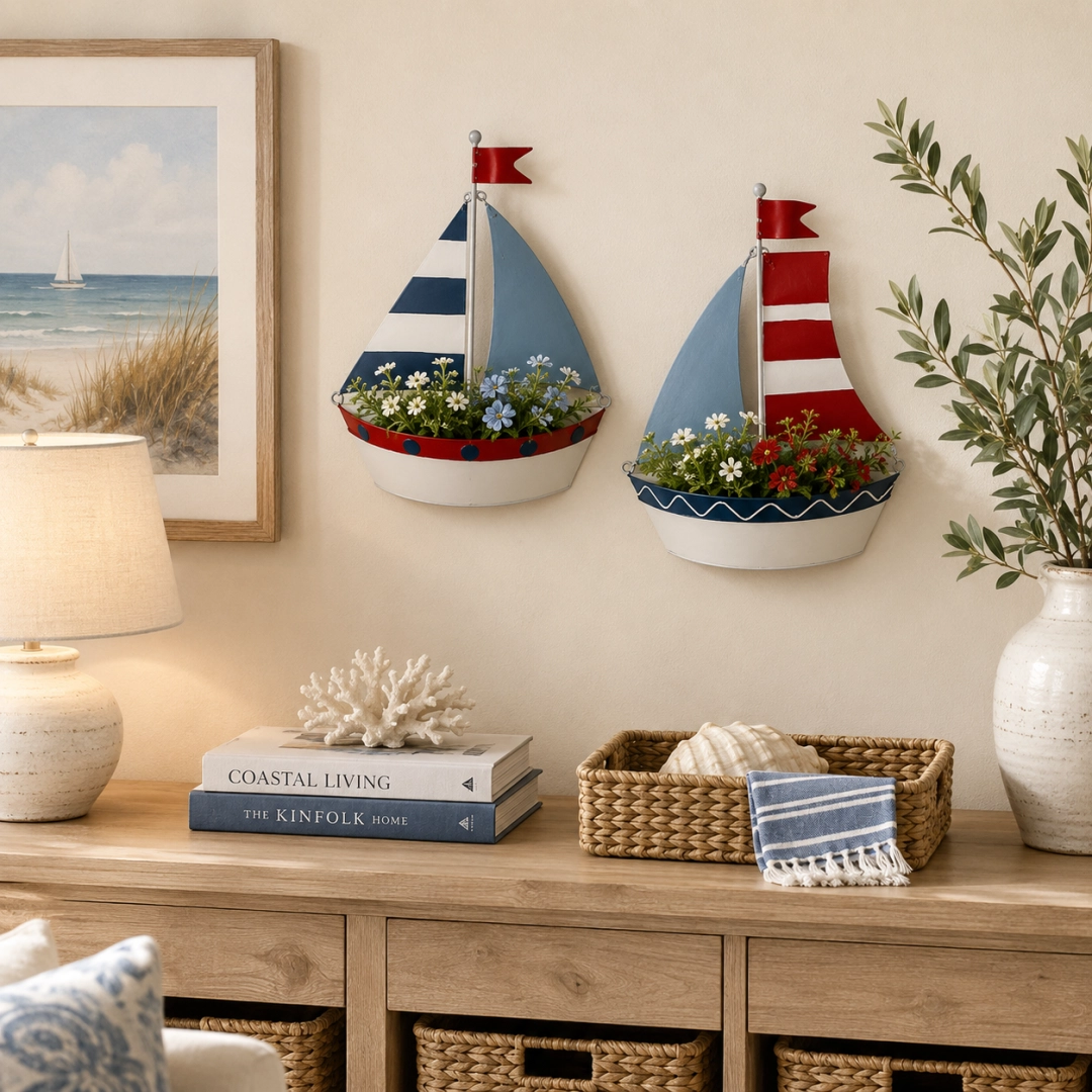 Coastal Sailboat Metal Wall Planter – Nautical Hanging Flower Basket⛵