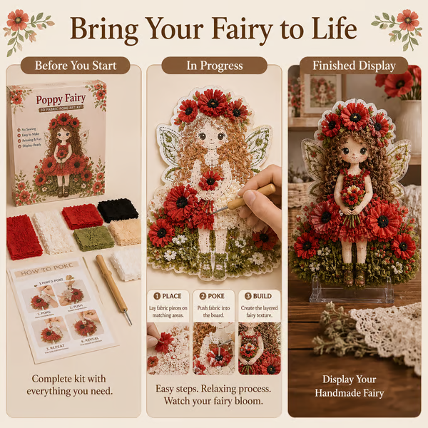 🔥 LAST DAY 49% OFF – 🌸🧚‍♀️ Flower Fairy 3D Fabric Poke Art Kit | No-Sew Fluffy Fabric Craft with Raised Floral Texture & Display-Ready Fairy Decor ✨