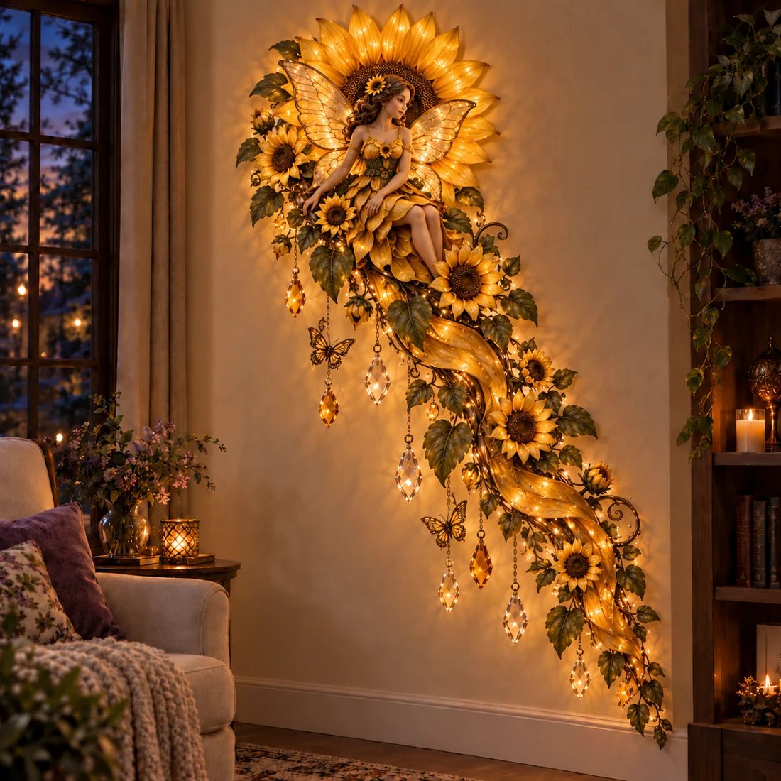 Sunflower flower fairy with golden sunflowers and warm illumination