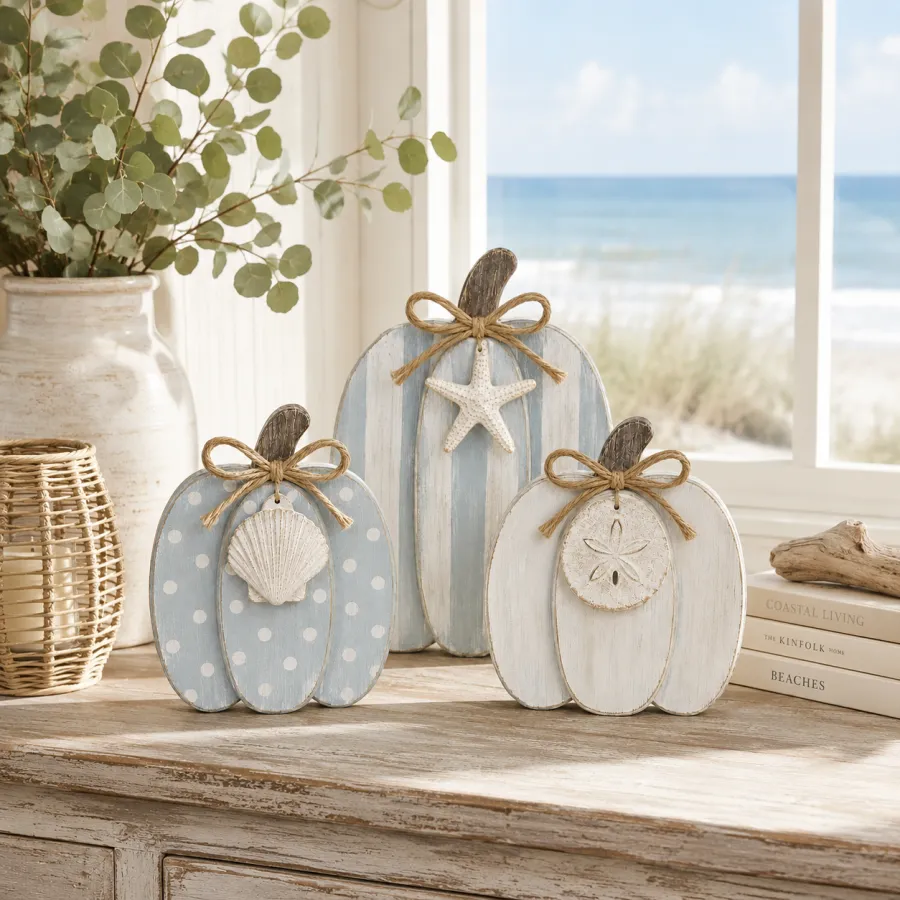 Coastal Wooden Pumpkin Tabletop Décor, Set of 3