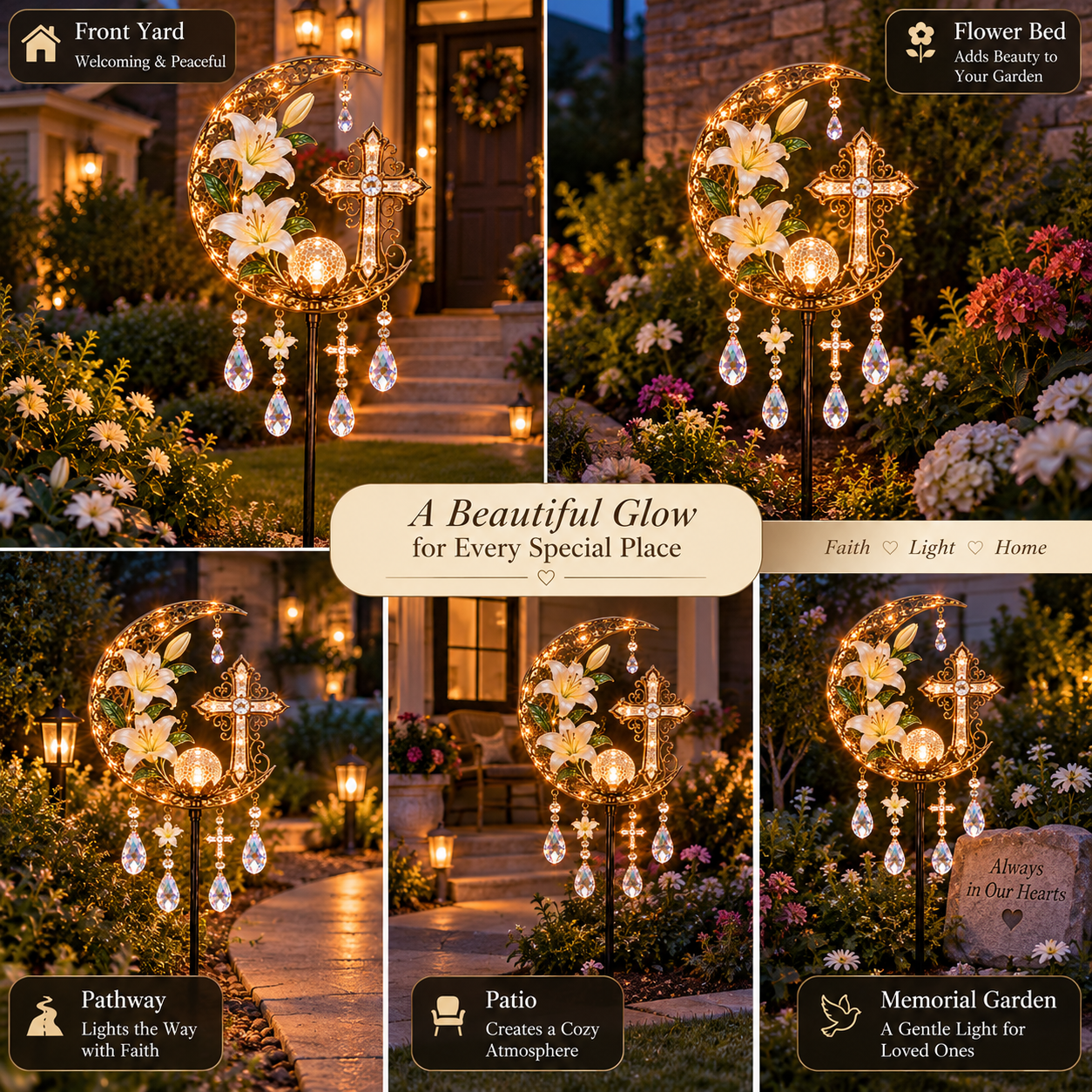 Close-up details of the Cross and Lily decorative garden light