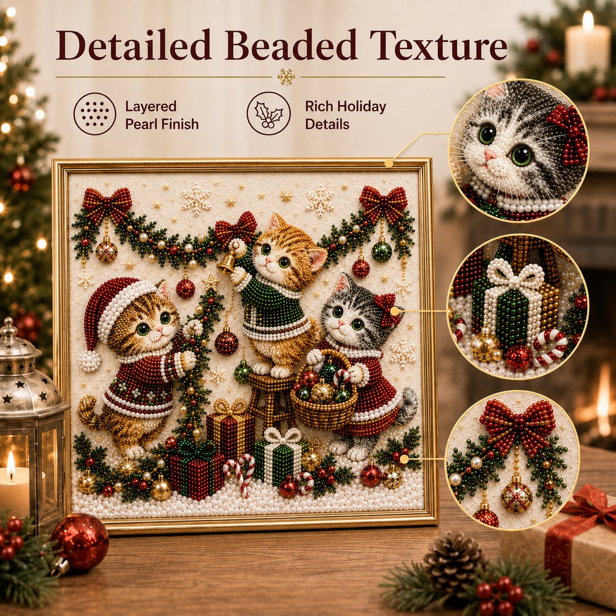 🎄🐾 Premium 3D Pearl Christmas Kitty Art Kit | Luxury Flocked Canvas with Scratch-Resistant Non-Fading Pearl Beads DIY Holiday Decor 🎅🐱❄️