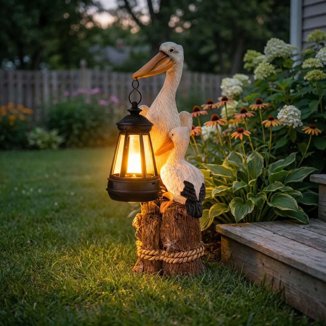 Whimsical Solar Pelican Mother & Baby Garden Lantern StatueThe sweet detail of the baby pelican leaning closely against the larger pelican gives this piece an especially warm, loving feel. From the textured feather detailing to the hanging lantern, wood-l