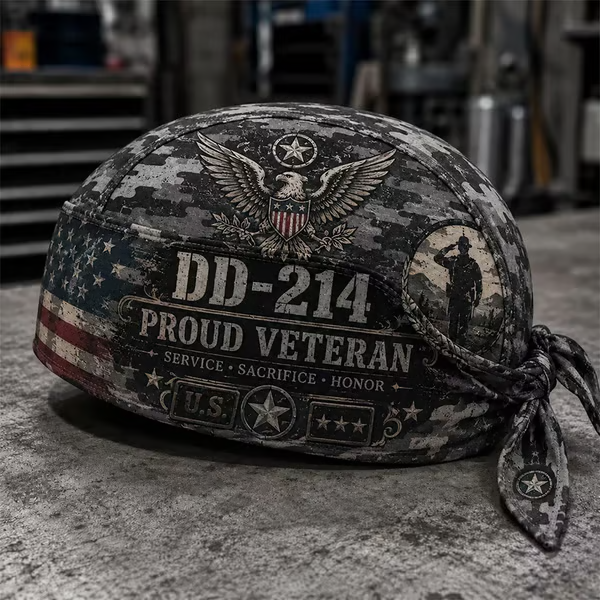 Veteran DD-214 Camouflage Print Cycling Pirate Hat / Biker Headwrap (Adjustable tie-back fit)