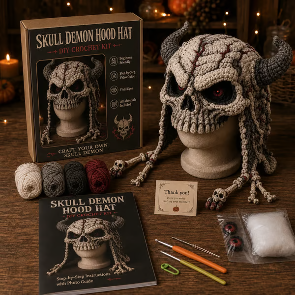 🔥 LAST DAY 49% OFF – 🎃 Halloween Monster Hood DIY Crochet Kit | Premium Soft Yarn Materials with Step-by-Step Guide DIY Handmade Wearable Character Hood 🧶🎭✨