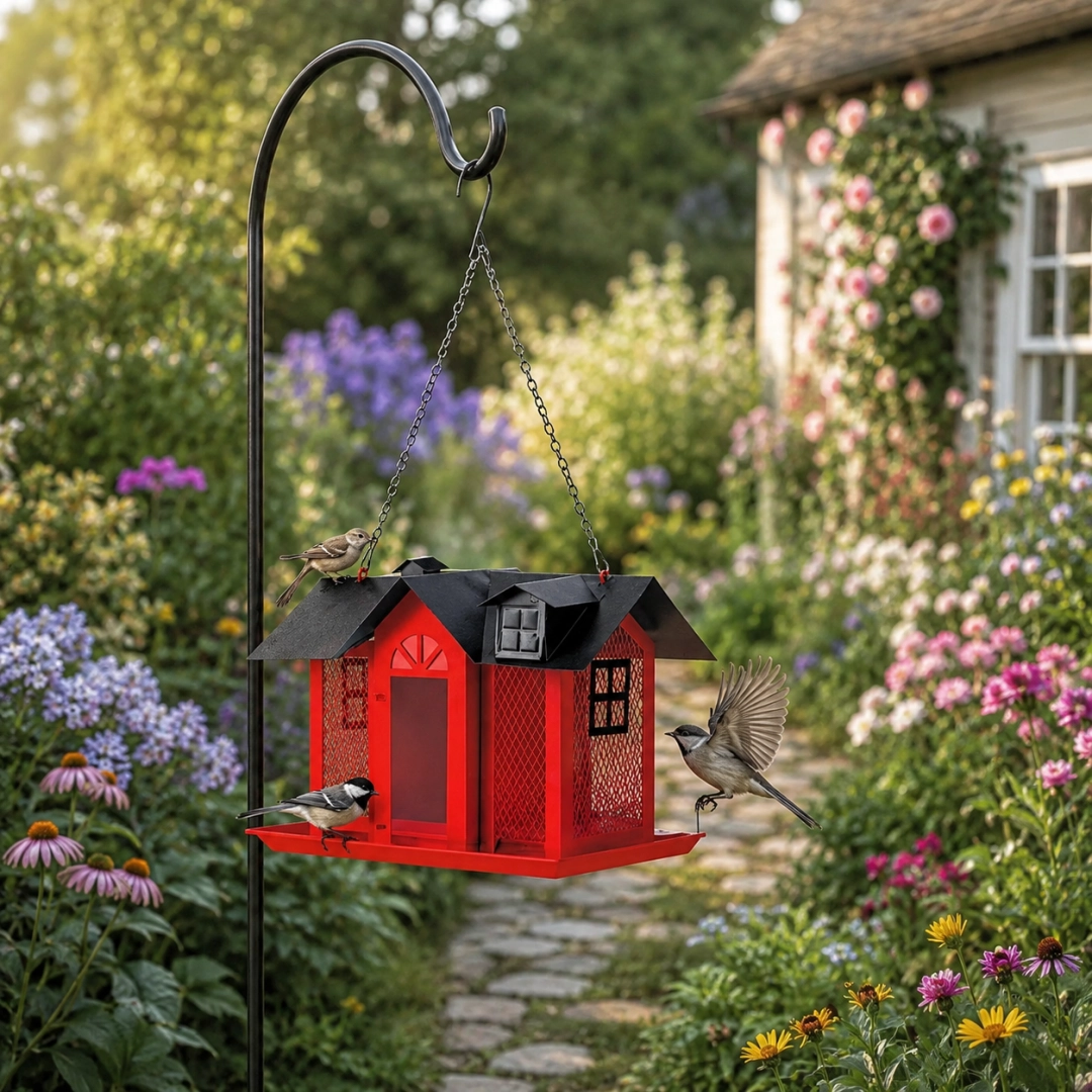Hanging Metal Bird Feeder – House-Shaped Outdoor Seed Dispenser for Garden, Yard, or Balcony