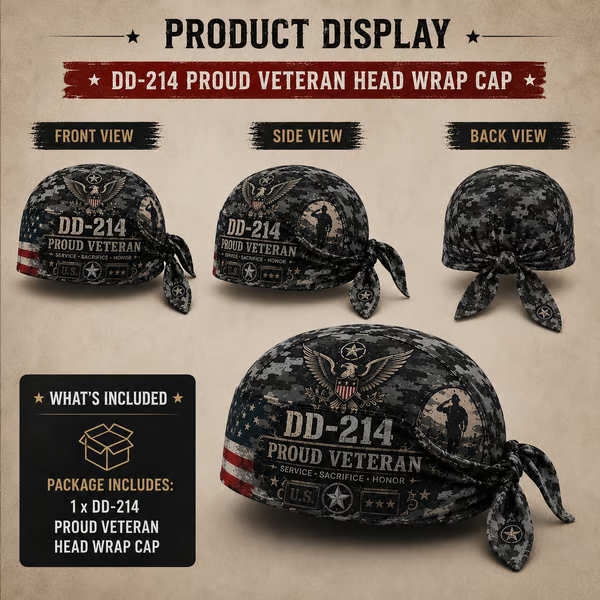 Veteran DD-214 Camouflage Print Cycling Pirate Hat / Biker Headwrap (Adjustable tie-back fit)