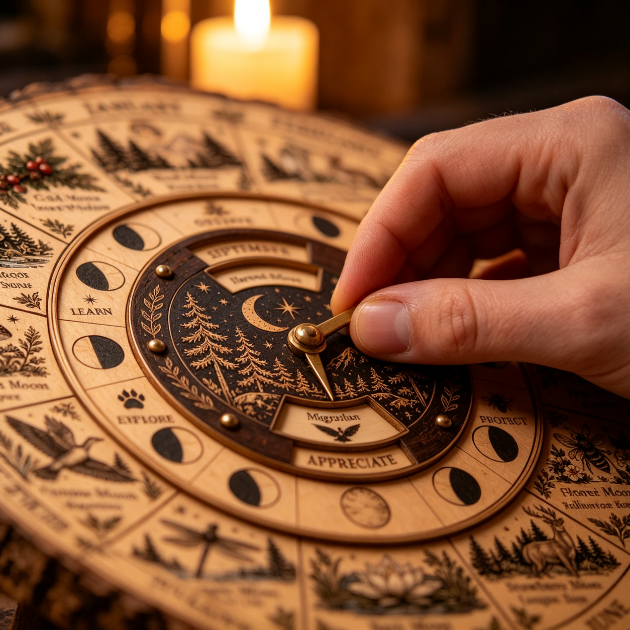 Hand rotating the center dial of the wooden moon wheel