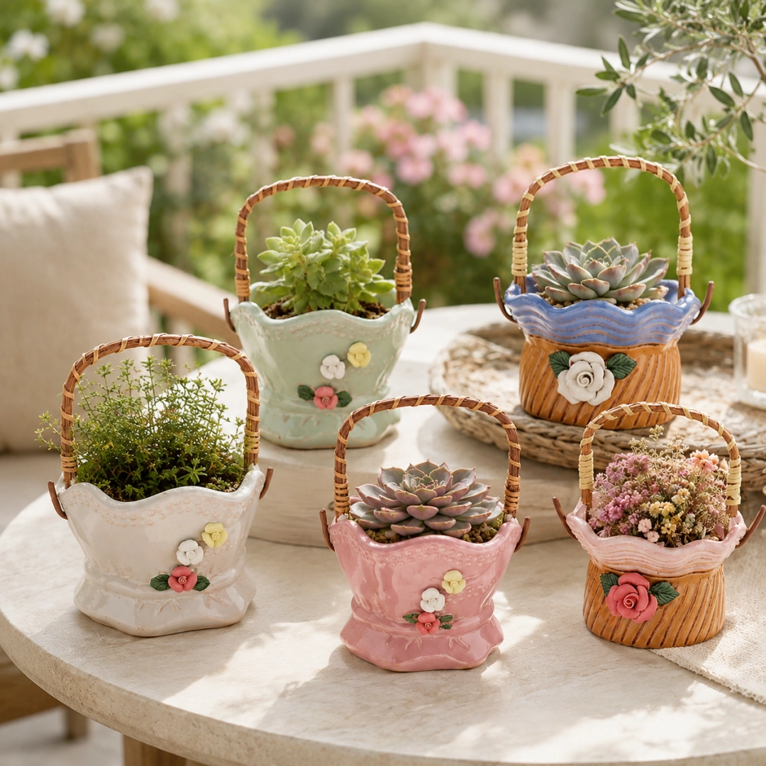 Ceramic Flower Basket Planter – Decorative Handcrafted Indoor & Outdoor Pots