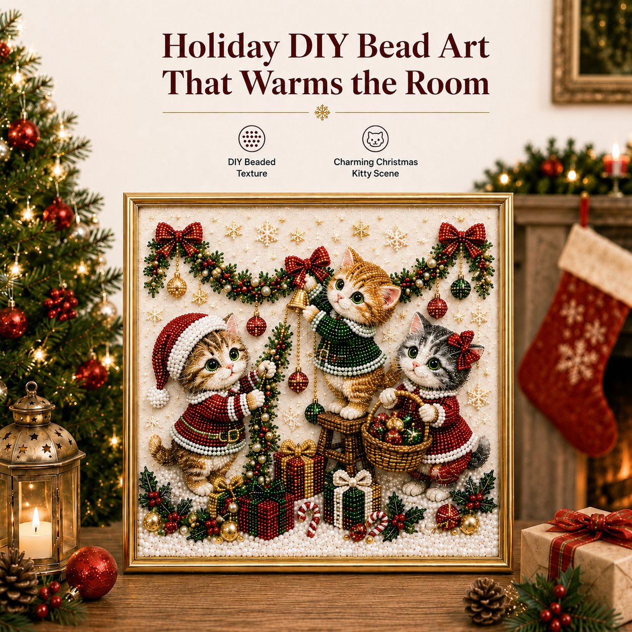 🎄🐾 Premium 3D Pearl Christmas Kitty Art Kit | Luxury Flocked Canvas with Scratch-Resistant Non-Fading Pearl Beads DIY Holiday Decor 🎅🐱❄️