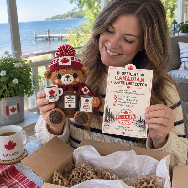  ☕🍁Official Canadian Coffee Inspector Bear– Handmade Crochet Coffee Lover Gift with Certificate 