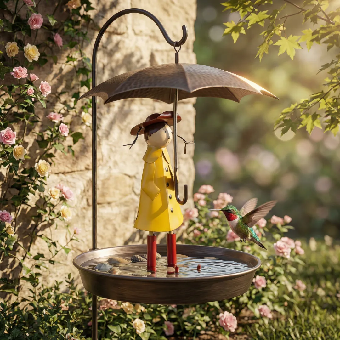 Whimsical Raincoat Girl Hanging Bird Feeder & Bird Bath