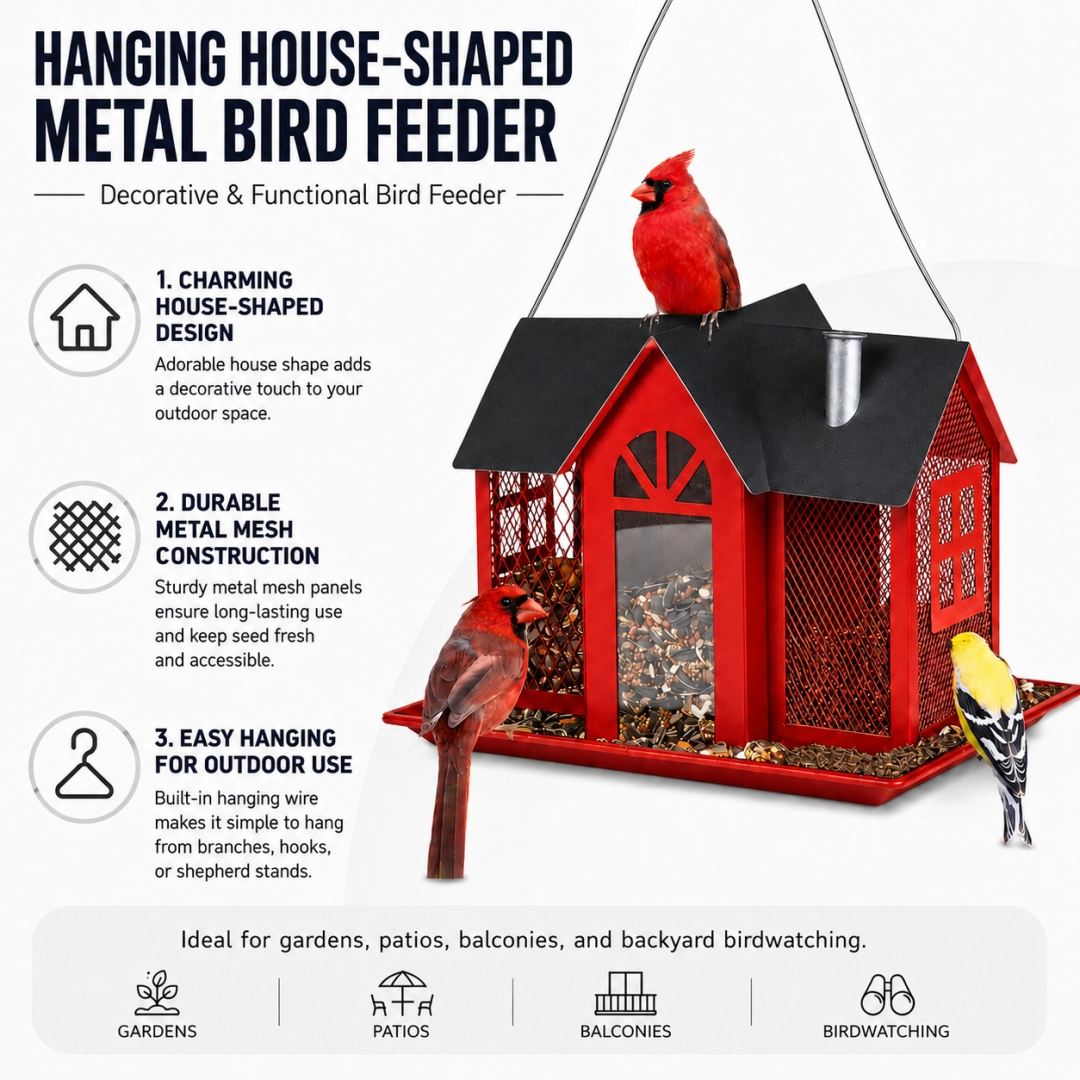 Hanging Metal Bird Feeder – House-Shaped Outdoor Seed Dispenser for Garden, Yard, or Balcony