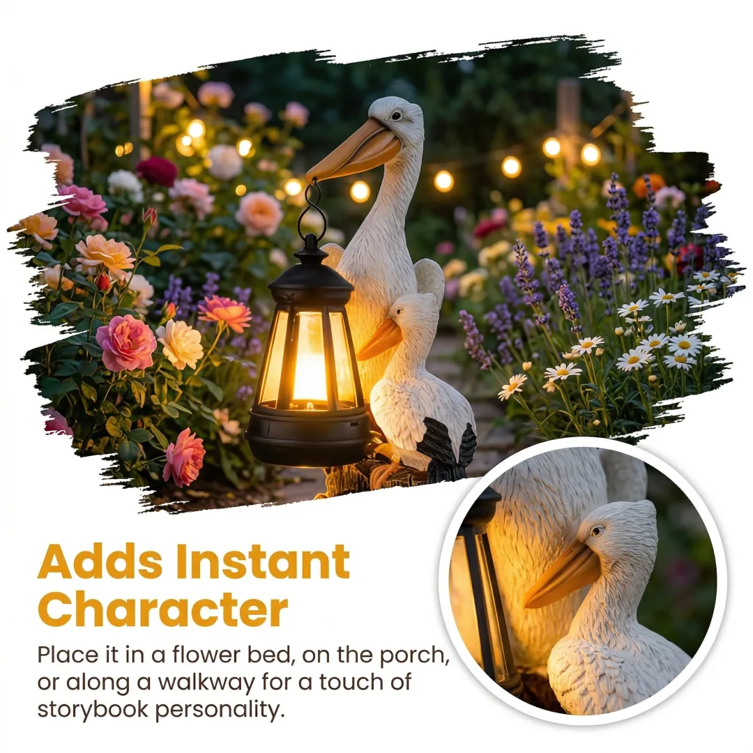 Whimsical Solar Pelican Mother & Baby Garden Lantern StatueThe sweet detail of the baby pelican leaning closely against the larger pelican gives this piece an especially warm, loving feel. From the textured feather detailing to the hanging lantern, wood-l