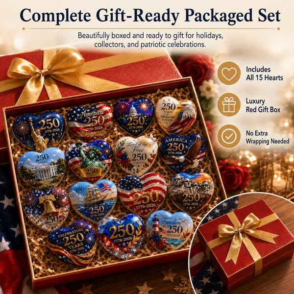 🇺🇸 America 250th Anniversary Commemorative Heart Ornament Collection | 15-Piece Patriotic Keepsake Set