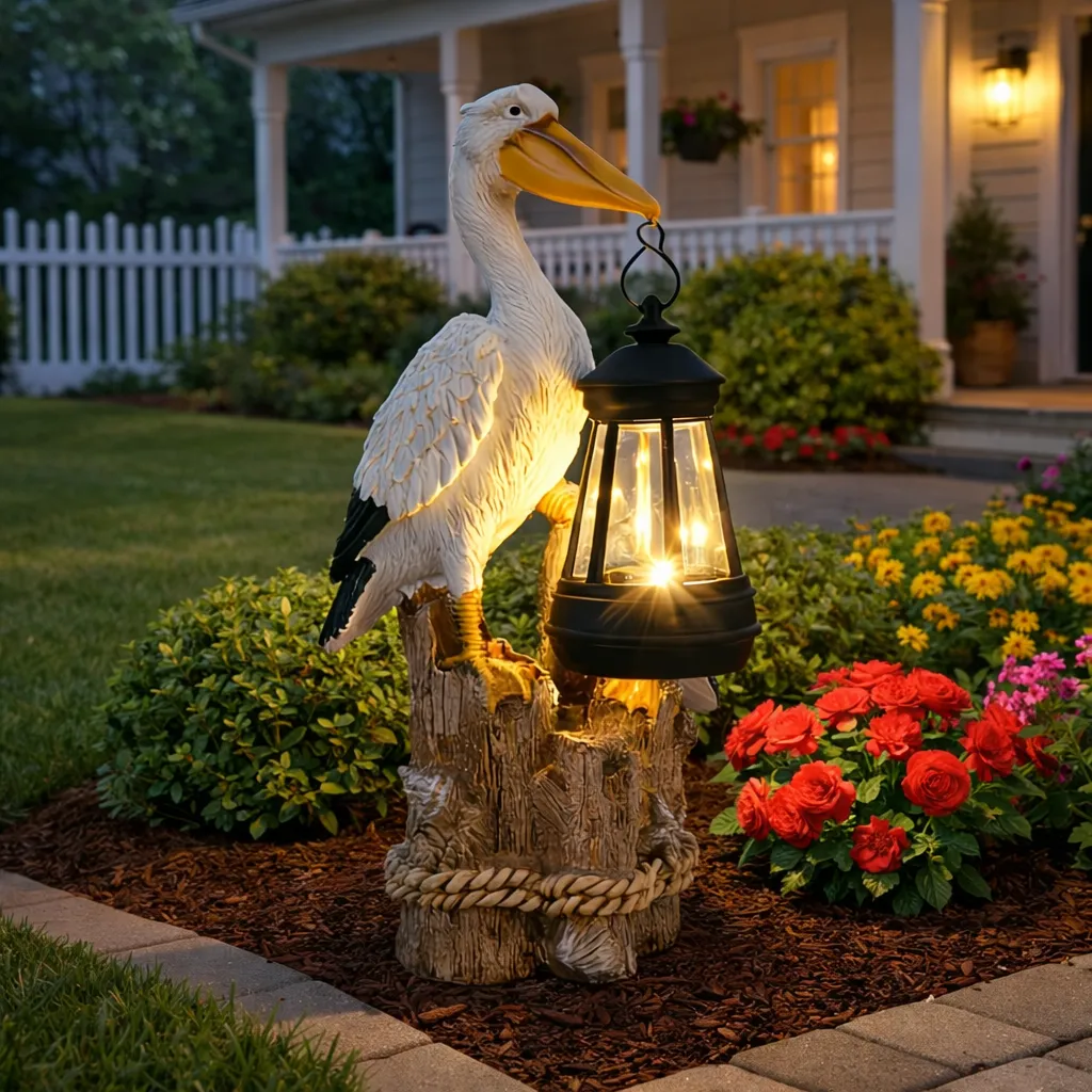 Whimsical Solar Pelican Mother & Baby Garden Lantern StatueThe sweet detail of the baby pelican leaning closely against the larger pelican gives this piece an especially warm, loving feel. From the textured feather detailing to the hanging lantern, wood-l