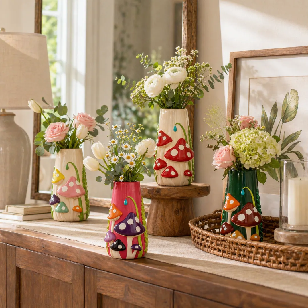 Mushroom Meadow Hand-Painted Vase Collection