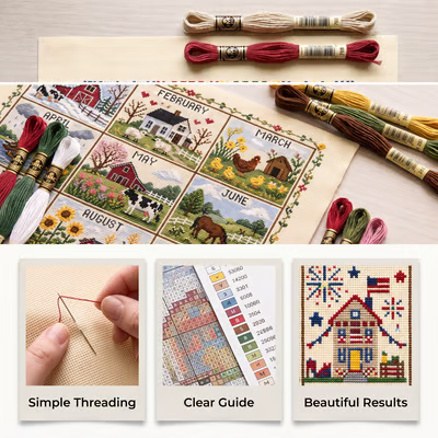 🔥LAST DAY 69% OFF -🏡 12-Month Seasons & Holidays Cross Stitch Kit — Relaxing DIY Craft Project for Beginners & Craft Lovers