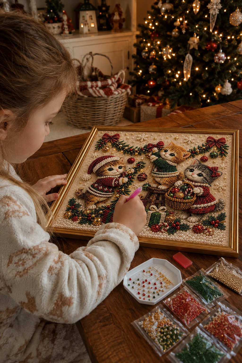 🎄🐾 Premium 3D Pearl Christmas Kitty Art Kit | Luxury Flocked Canvas with Scratch-Resistant Non-Fading Pearl Beads DIY Holiday Decor 🎅🐱❄️
