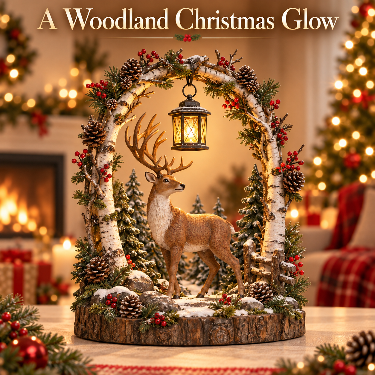 Detailed woodland reindeer lantern with birch-style arch and warm illumination