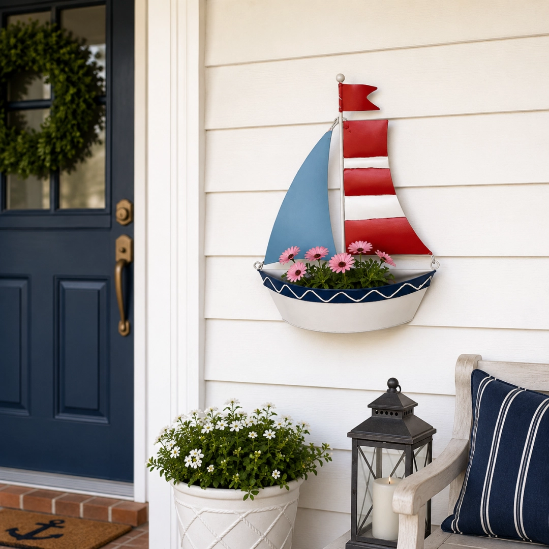 Coastal Sailboat Metal Wall Planter – Nautical Hanging Flower Basket⛵
