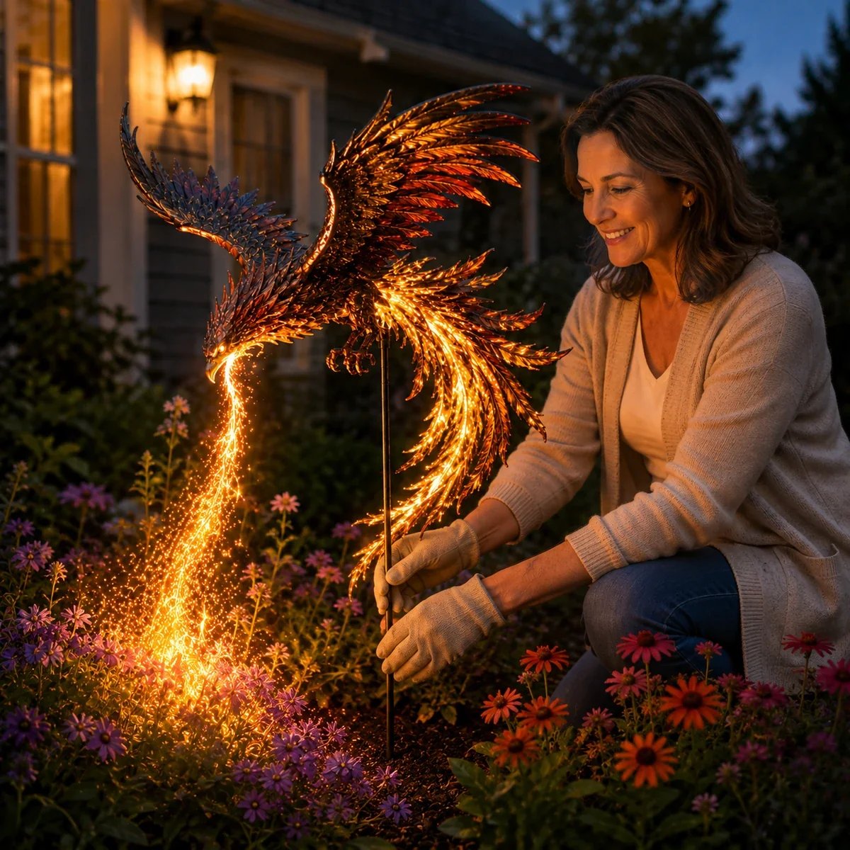 Woman installing a flameborn phoenix garden stake in a flower bed