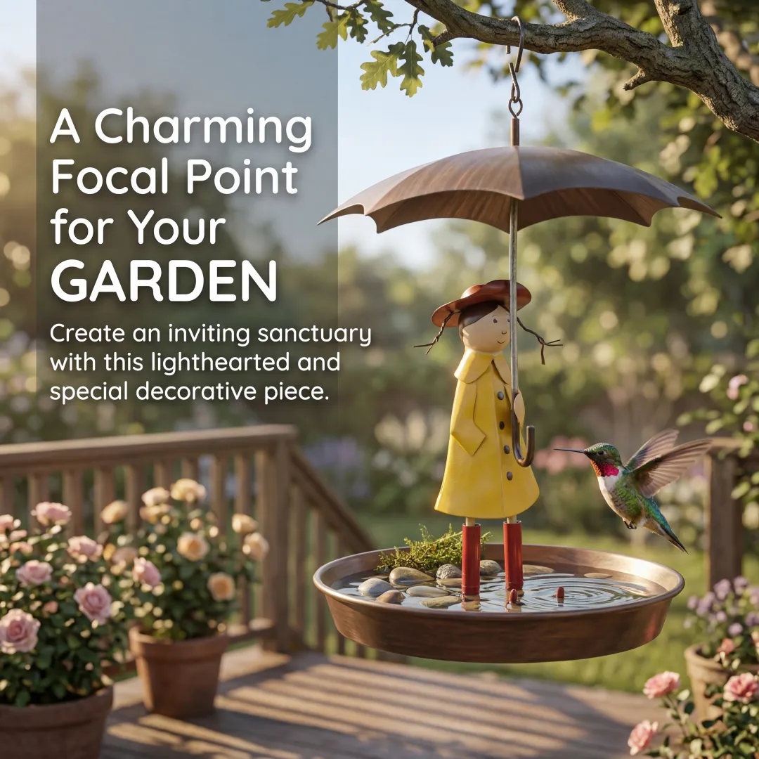 Whimsical Raincoat Girl Hanging Bird Feeder & Bird Bath