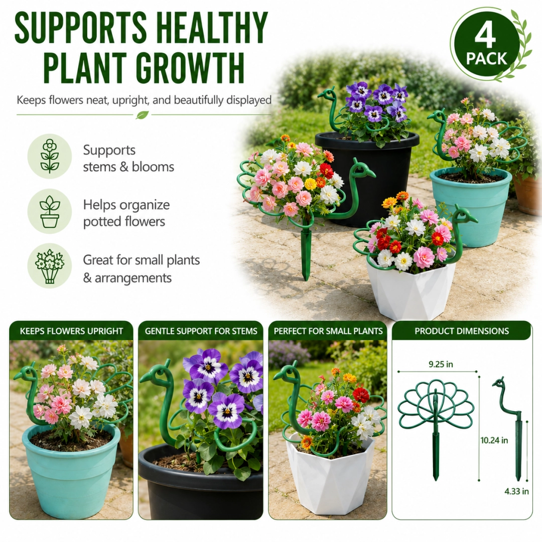 4 Pack Peacock Plant Support Stakes, Green Decorative Garden Plant Holders for Potted Flowers